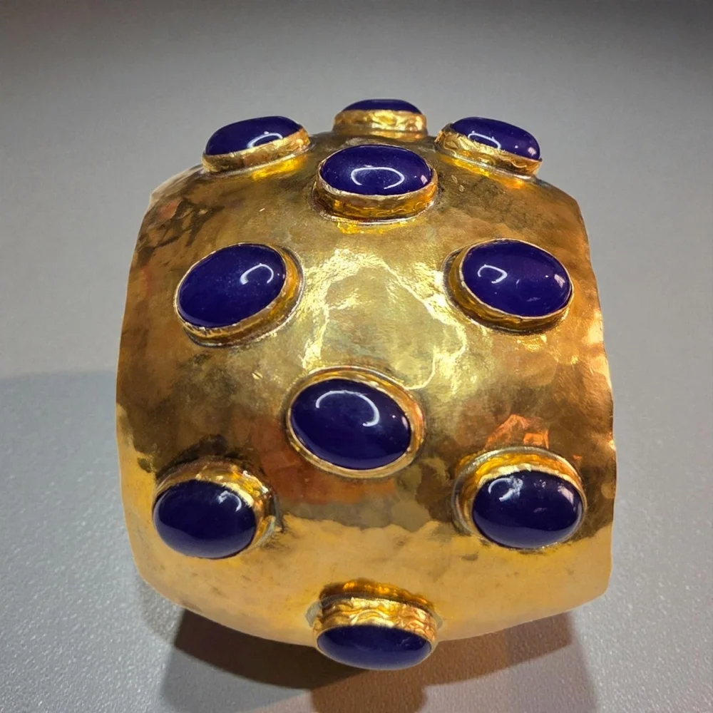 Insane Massive Triple Gold Plated Lapis Lazuli Cabochon Cuff Bracelet - Picture 2 of 5